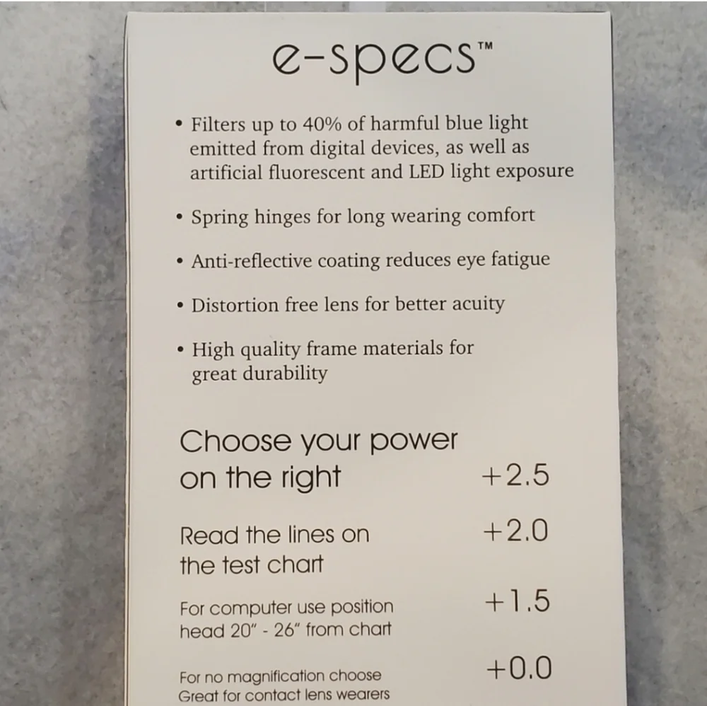 E-specs Blue Glasses Blue Light Filtering New